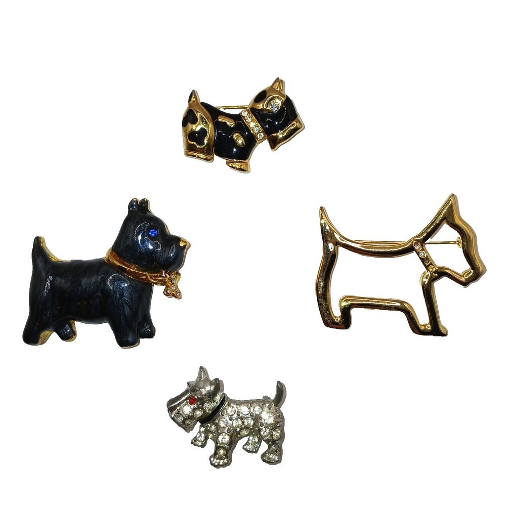 Lot Of 4 Vintage Scottie Dog Brooches Pins Rhinestone & Enamel Gold Tone AAI